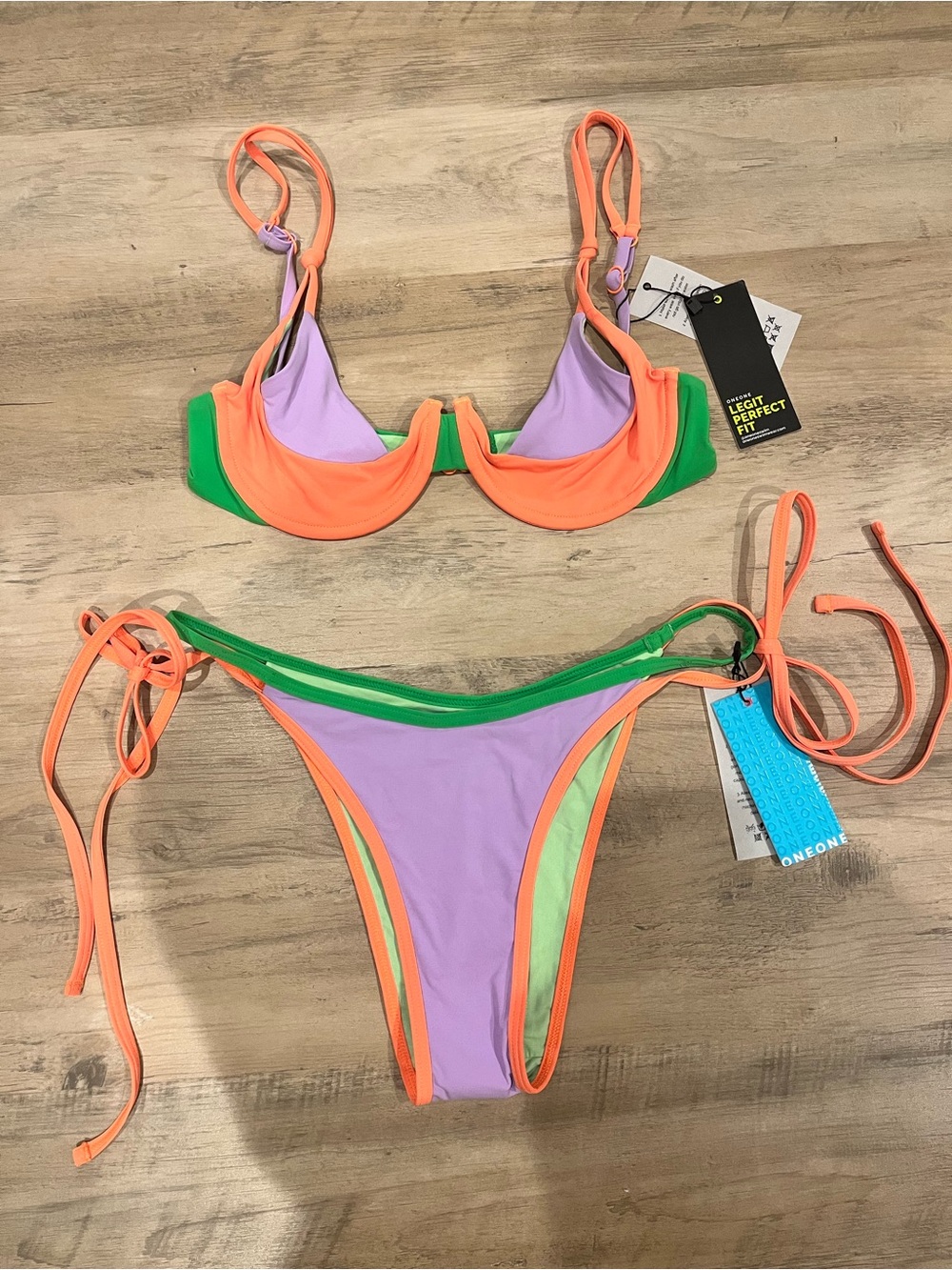 ONEONE Colorblock Bikini - Lavender, Coral & Green (M)
